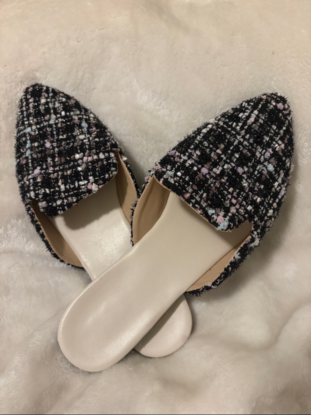 ❤️ Source Unknown Black Tweed Pointed D'Orsay Mules with Pastel Accents